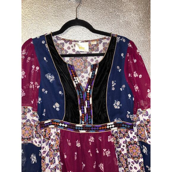 Anthropologie Maeve Boho CottageCore Grunge Hippie Velvet Blue Red Peasant Dress - Picture 2 of 11